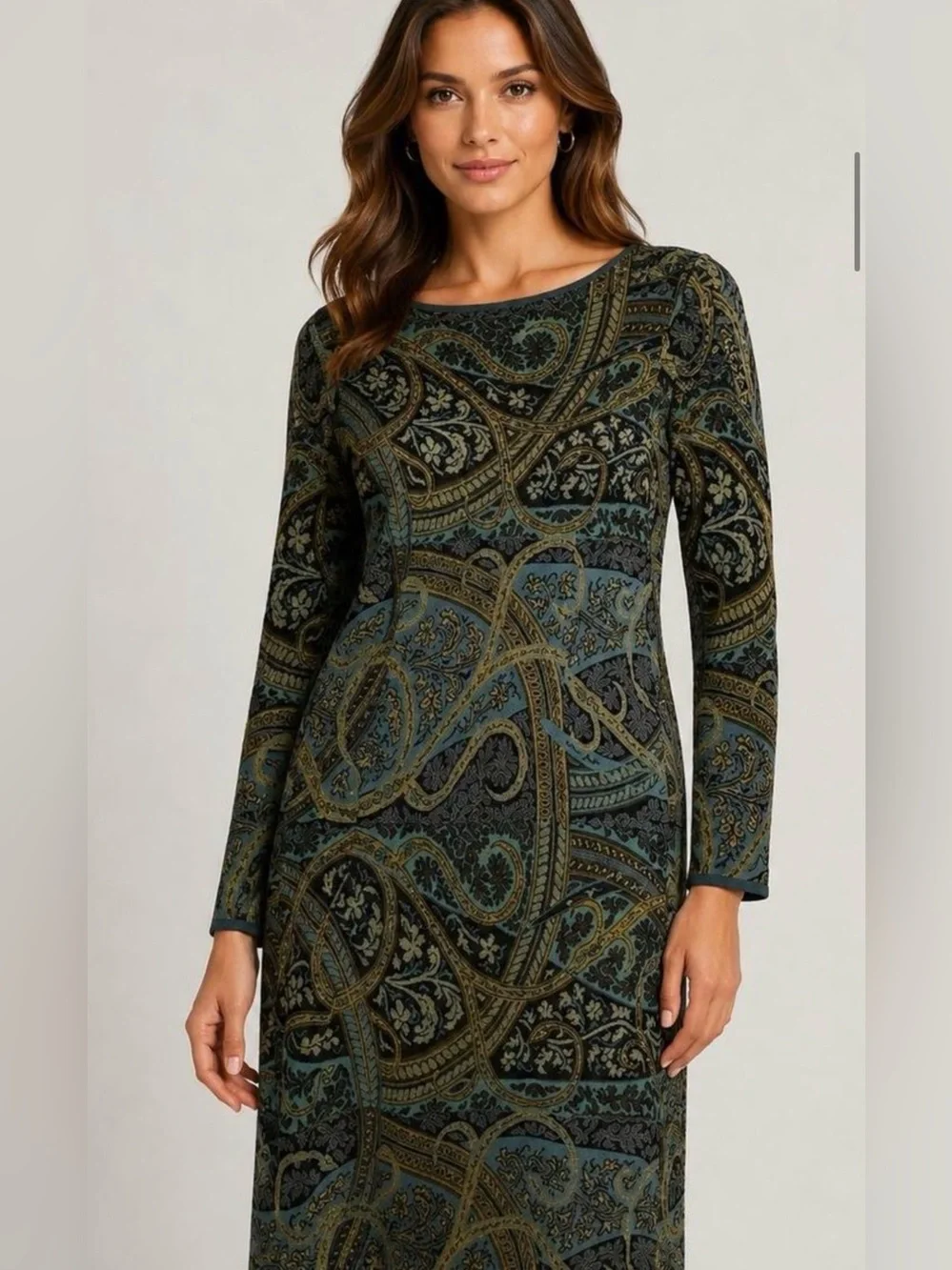Peruvian Connection Kashmiri Long-Sleeve Paisley Sheath Dress Medium Pima Cotton